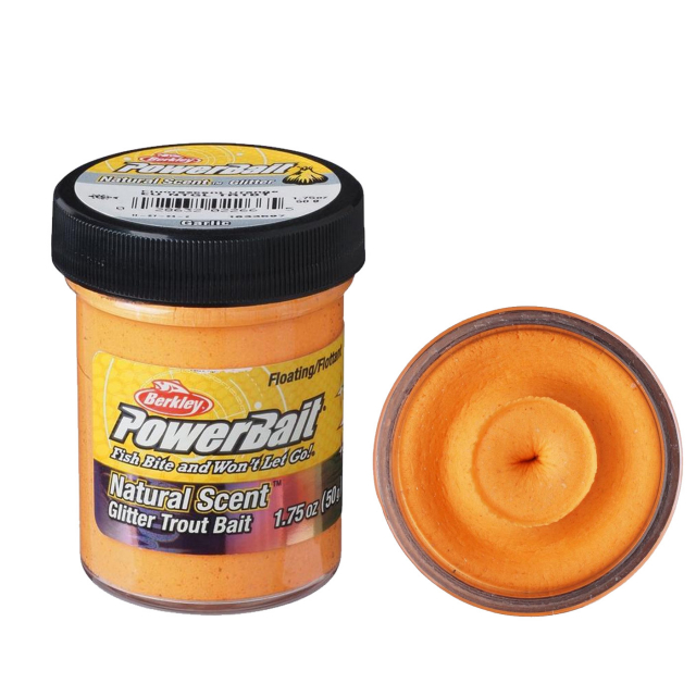 Powerbait Trout Bait Garlic Fluo Orange Glitter