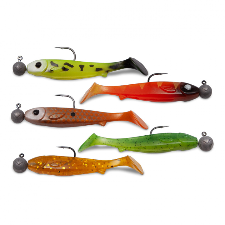 Flatnose Mini 9cm (5-pack) med jiggskalle i gruppen Fiskedrag / Betesbundles / Betespaket Abborre hos Jiggar Sverige AB (607731-r)