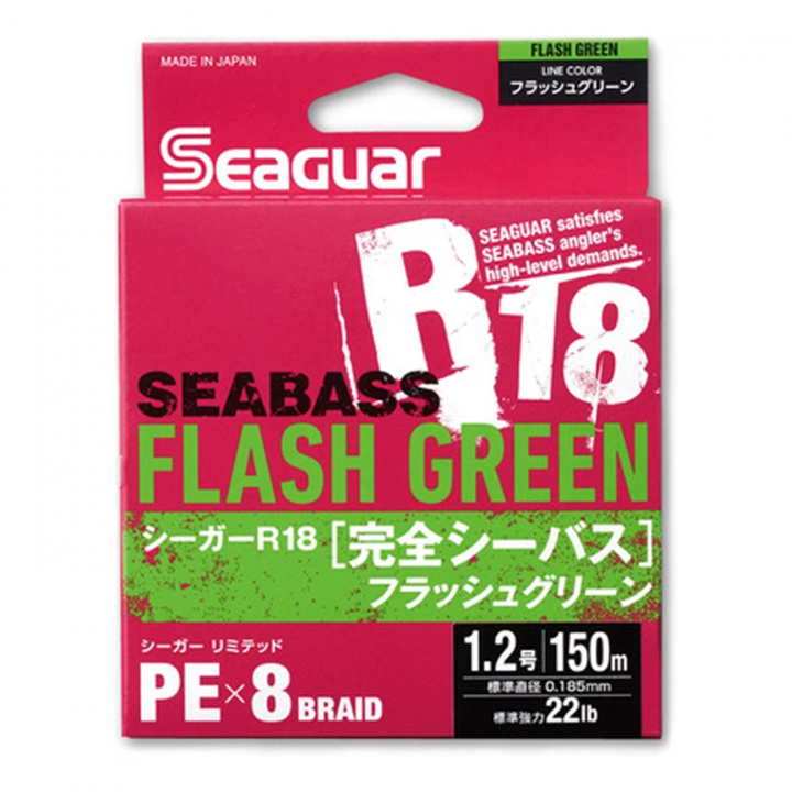 Seaguar R18 Kanzen Seabass 150m Flash Green i gruppen Tillbehör / Linor / Flätlinor hos Jiggar Sverige AB (BOB-00-SEAGUAR-0044-r)